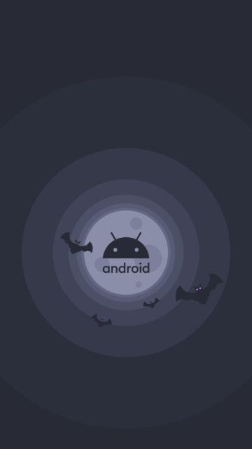 Minimalist Android Logo Halloween Night Wallpaper with Spooky Bats and Full Moon