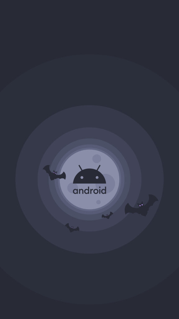 Minimalist Android Logo Halloween Night Wallpaper with Spooky Bats and Full Moon