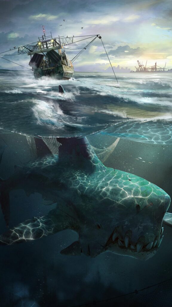 Giant Prehistoric Sea Monster Attacking Fishing Boat Underwater Wallpaper