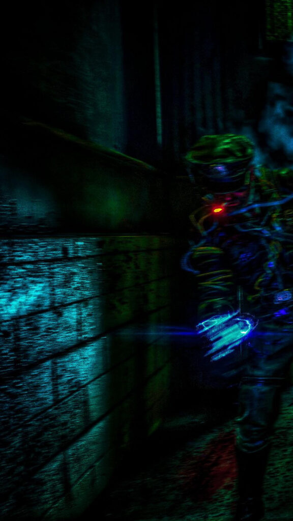 Cyberpunk Soldier in Dark Alley Digital Art High Resolution Mobile Wallpaper