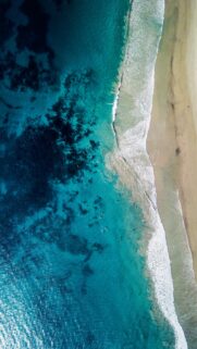 Stunning Aerial View of Tropical Ocean Beach with Surfers High Resolution Mobile Wallpaper