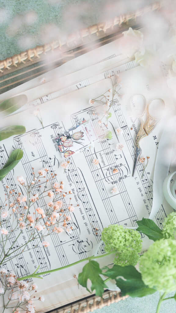 Floral Music Sheet Vision Board for Creative Manifestation Aesthetic Wallpaper