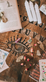 Witchy Spiritual Altar Aesthetic with Crystal Grid and Manifestation Tools Wallpaper
