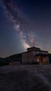 Milky Way Galaxy and Ancient Chapel Celestial Spiritual Energy Wallpaper
