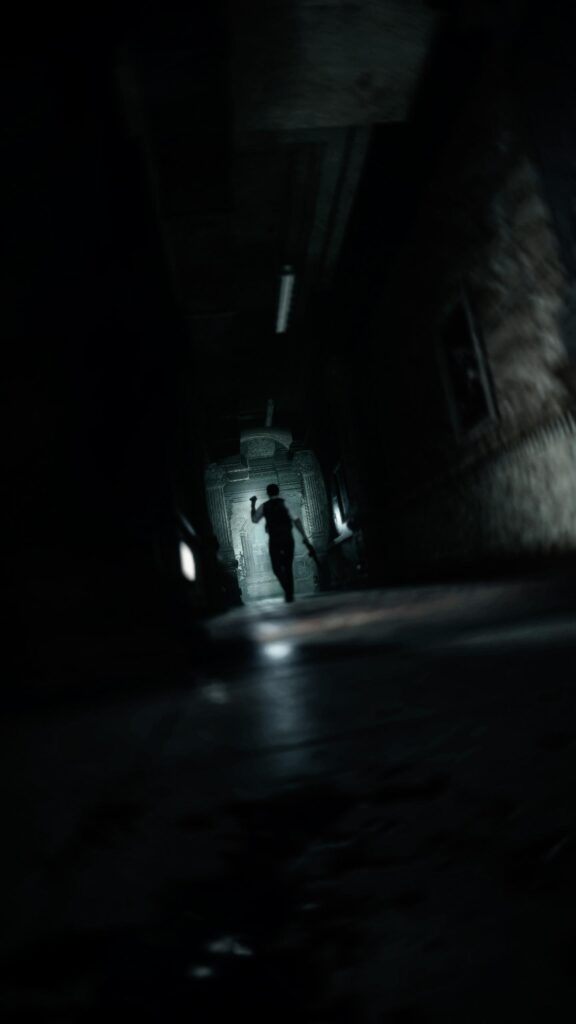 Dark Cinematic Horror Corridor with Silhouette Figure 4K Mobile Wallpaper