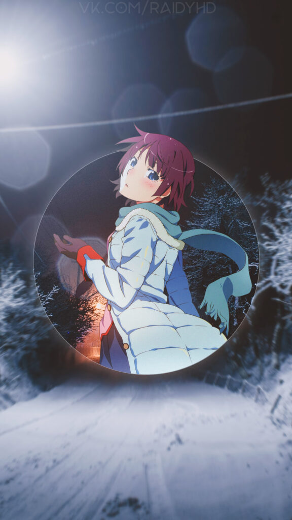 Anime Girl in Winter Snowy Landscape Wallpaper for Mobile Phone