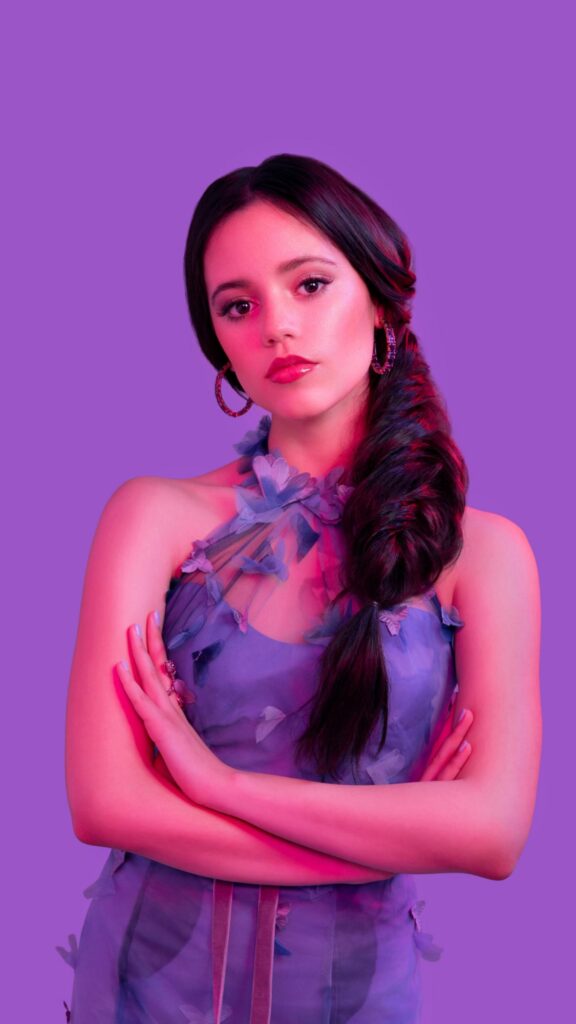 Jenna Ortega Portrait in Floral Purple Dress with Neon Pink Lighting Wallpaper
