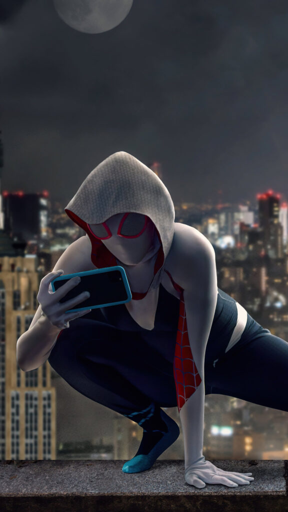 Spider-Gwen Night City Lookout Mobile Wallpaper