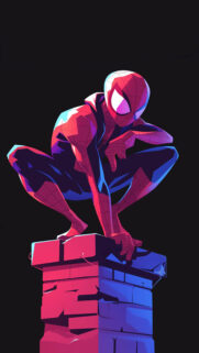 Stylized Spider-Man Crouching on a Brick Chimney Mobile Wallpaper