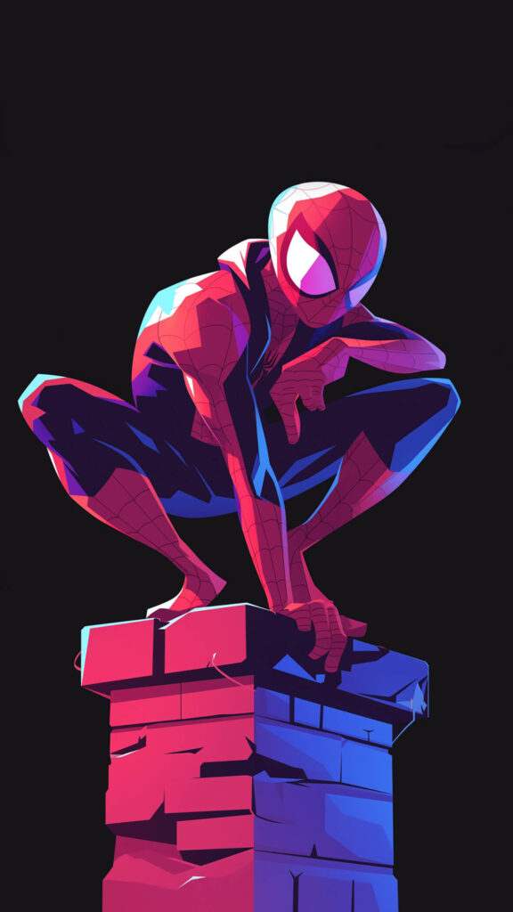 Stylized Spider-Man Crouching on a Brick Chimney Mobile Wallpaper