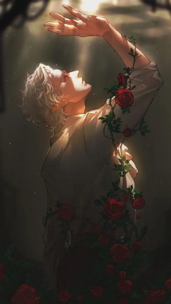 Elven Vampire and Crimson Roses Mobile Wallpaper