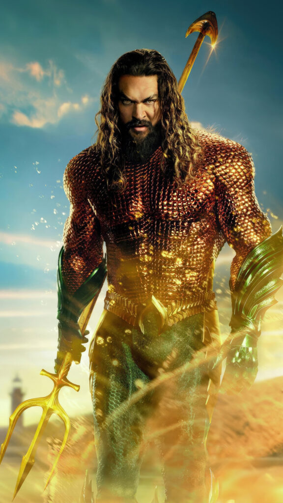 Jason Momoa as Aquaman Standing with Trident Mobile Wallpaper