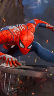 Spider-Man Crouching on Metal Structure Mobile Wallpaper