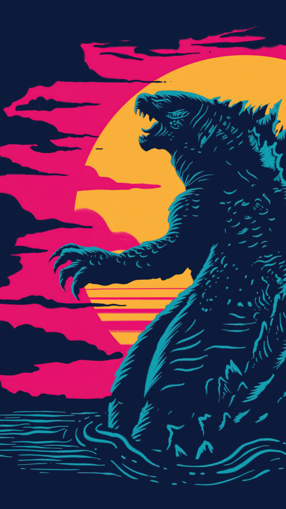Retro Synthwave Godzilla Silhouette Aesthetic Mobile Wallpaper