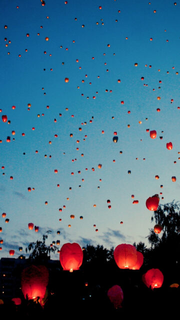 Floating Sky Lanterns Sunset Mobile Wallpaper