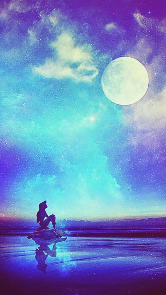 Ariel Sitting on a Rock Under a Glowing Full Moon Mobile Wallpaper