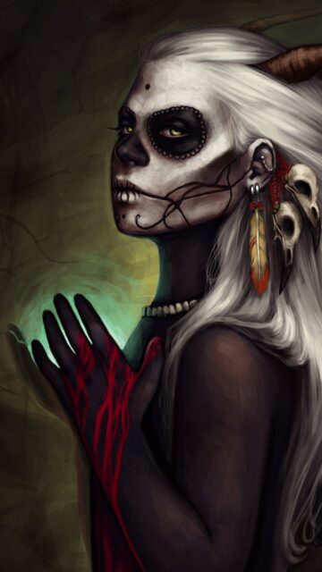 Mystical Horned Skull-Masked Goddess Mobile Wallpaper