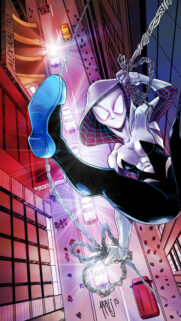 Spider-Gwen Swinging Above The City Streets Mobile Wallpaper
