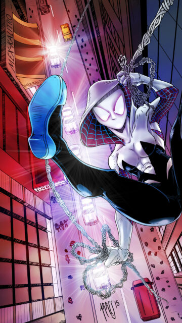 Spider-Gwen Swinging Above The City Streets Mobile Wallpaper