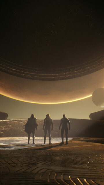 Three Figures Standing on Alien World Sci-Fi Mobile Wallpaper