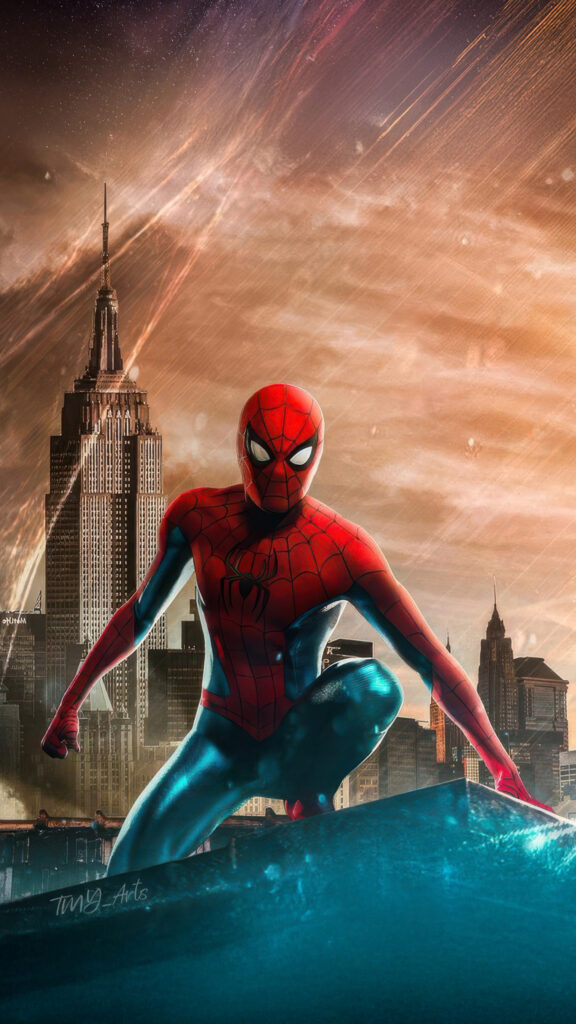 Spider-Man Crouching Over New York City 4K Wallpaper