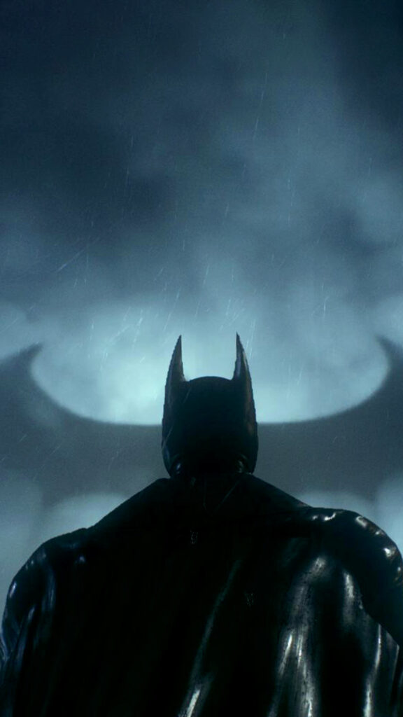 Batman Dark Silhouette Standing Under Bat Signal Mobile Wallpaper