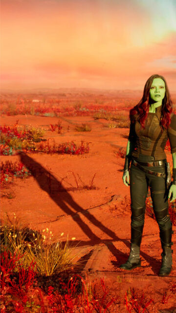 Gamora Standing on an Alien Planet Portrait Mobile Wallpaper