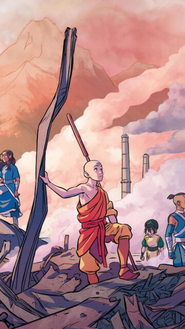 Aang and Friends Facing Industrialization Mobile Wallpaper