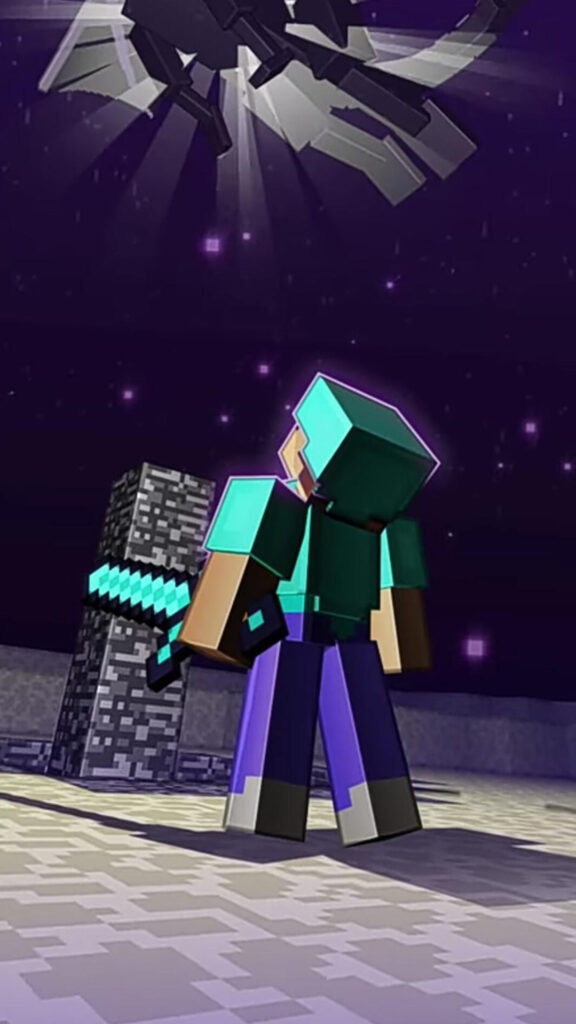 Minecraft Steve Facing The Ender Dragon Mobile Wallpaper