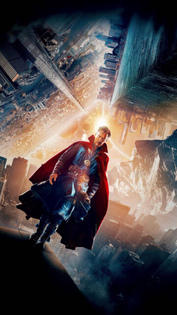 Doctor Strange Floating Over Inverted Cityscape Mobile Wallpaper
