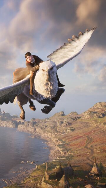 Student Riding a Hippogriff over Coastal Landscape Mobile Wallpaper