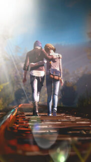 Chloe Price and Max Caulfield Walking on Train Tracks Mobile Wallpaper