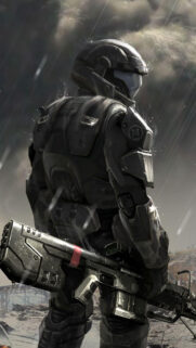 Futuristic Armored Soldier in Rain Mobile Wallpaper