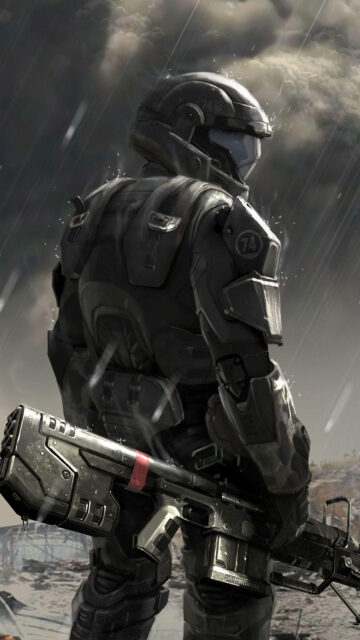 Futuristic Armored Soldier in Rain Mobile Wallpaper