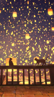 Enchanting Cats with Floating Lanterns Mobile Wallpaper