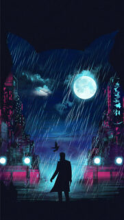 Rainy Cyberpunk Night Detective Silhouette Mobile Wallpaper