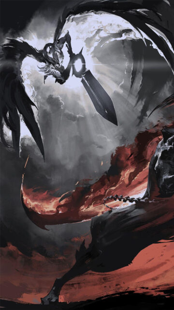Dark Fantasy Knight Facing Winged Angel Mobile Wallpaper
