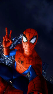 Spider-Man Making a Peace Sign Above New York Mobile Wallpaper