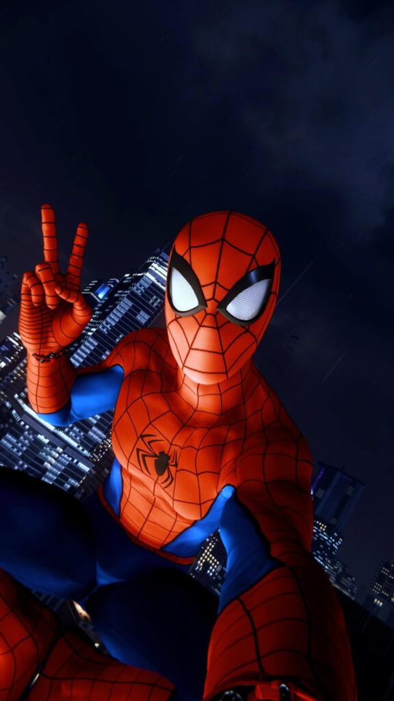 Spider-Man Making a Peace Sign Above New York Mobile Wallpaper