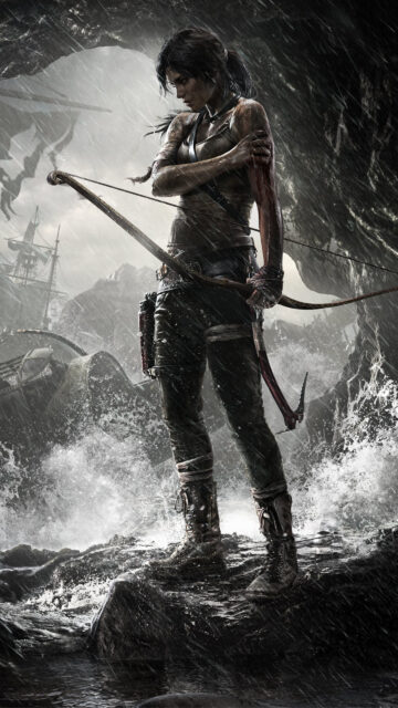 Lara Croft Stormy Shore Survival Mobile Wallpaper