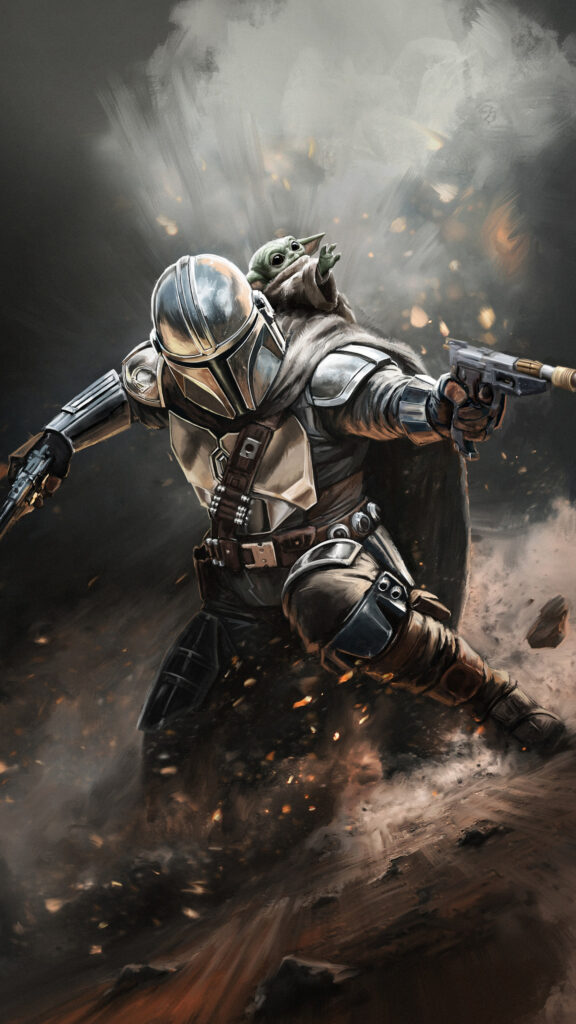 The Mandalorian and Grogu Action Battle Scene Mobile Wallpaper