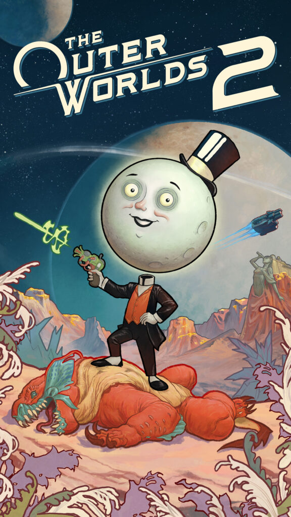 Moon-Headed Mascot Standing Over Alien Beast Mobile Wallpaper