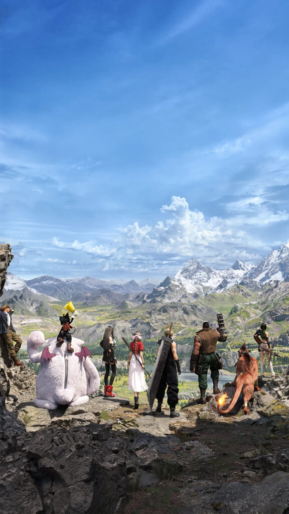 Final Fantasy VII Rebirth Characters Looking Over Mountain Valley Mobile Wallpaper