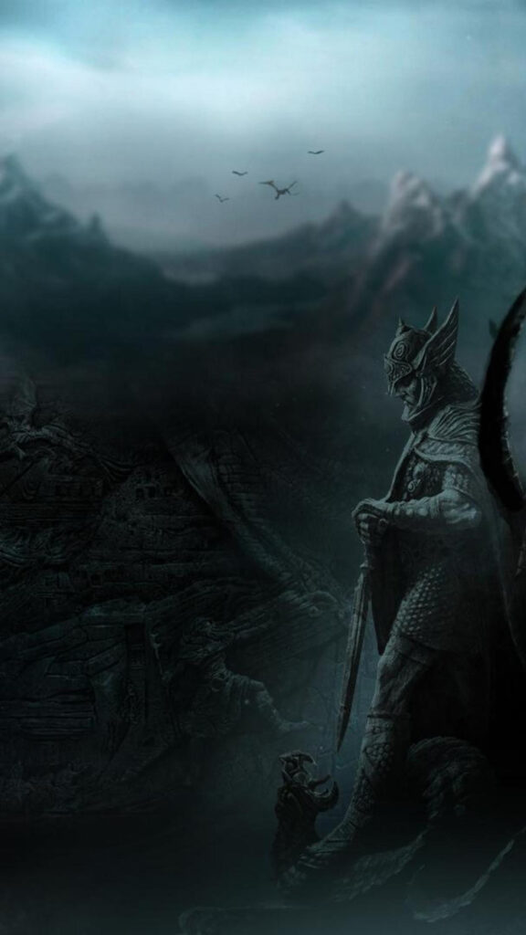 Skyrim Warrior Statue Dark Fantasy Mobile Wallpaper