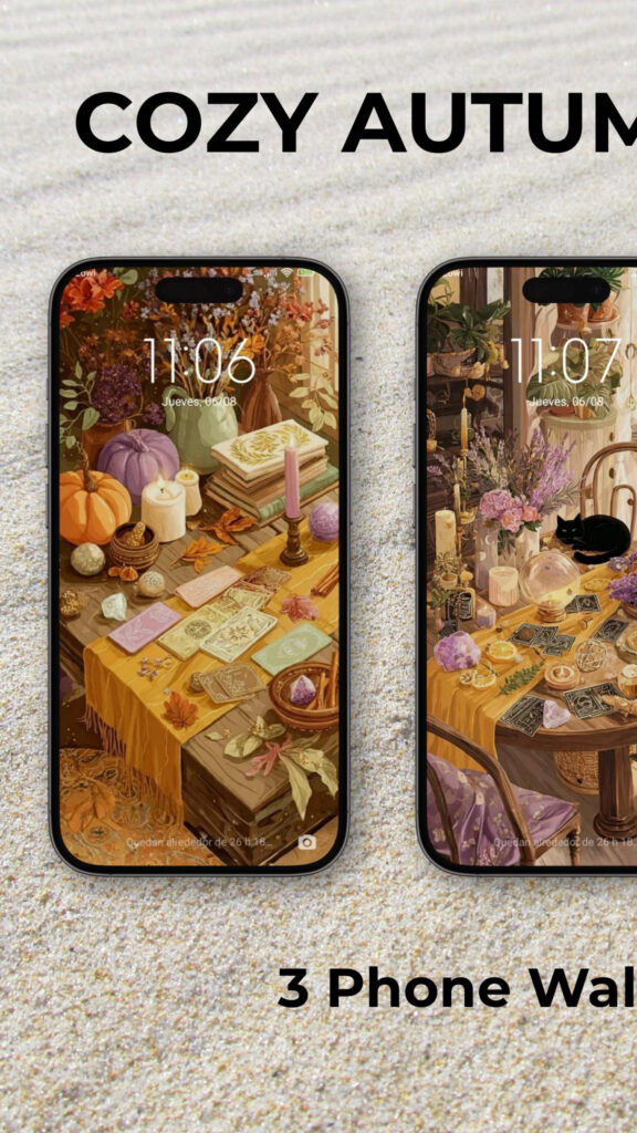 Mystical Cozy Autumn Tarot and Crystal Altar Aesthetic Phone Wallpaper