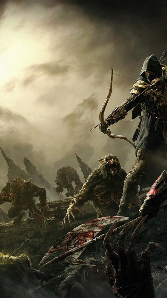 Fantasy Warrior Facing Monstrous Beasts Mobile Wallpaper