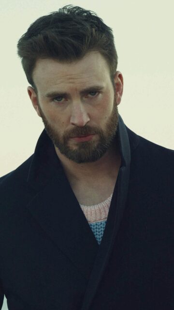 Chris Evans Sharp Look in Dark Coat Mobile Wallpaper