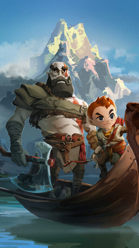 Kratos and Atreus Stylized Adventure Mobile Wallpaper