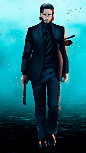 John Wick Standing in Suit with Silenced Pistol Mobile Wallpaper
