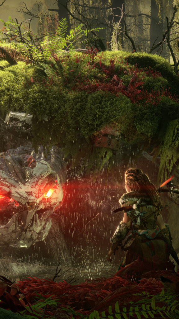 Aloy Facing a Machine in Lush Forest Mobile Wallpaper